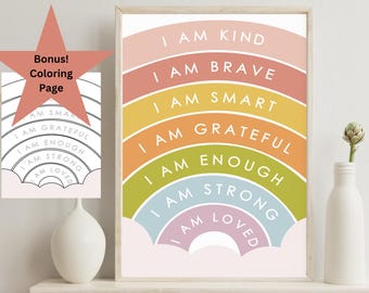 Affirmations for Kid, Printable Wall Art Poster Set, Boho Nursery Decor, Positive Affirmation Poster Set, Classroom Posters, Coloring Page