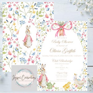 Invito baby shower coniglio, invito stampabile per compleanno bambina coniglio, invito modificabile fiori primaverili 5X7", festa in giardino