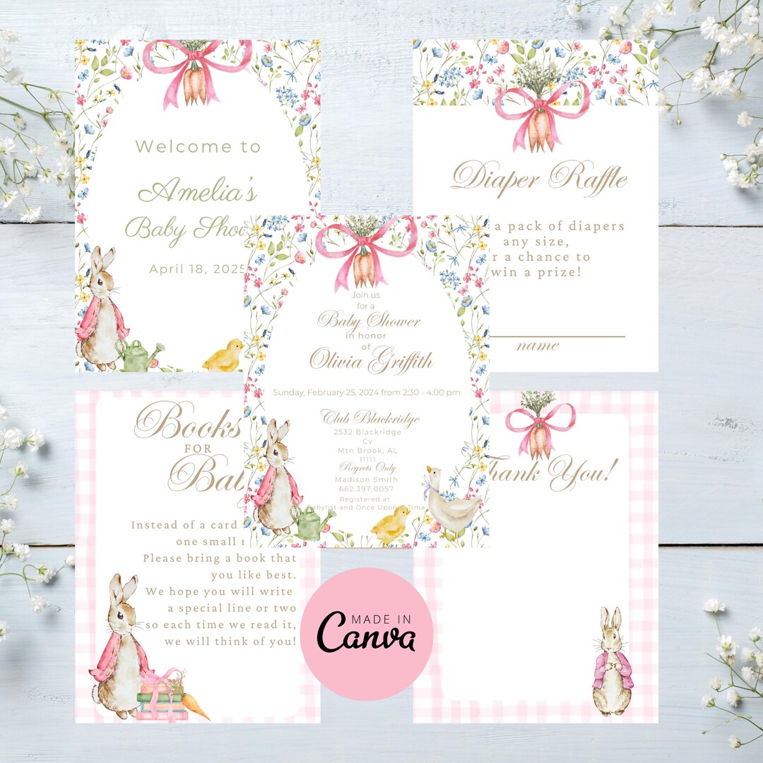 Peter Rabbit Baby Shower Bundle, Baby Girl Pink Bow Shower Invitation ...