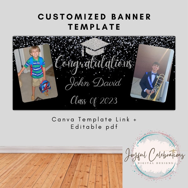 Editable BLACK/SILVER Custom Graduation Vinyl Banner Template | Party | Personalized Sign | Class of 2023 | Canva TEMPLATE