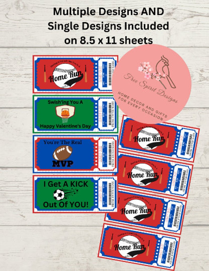Instant Download Sport Ticket Printable Valentine's Day Cards Editable
