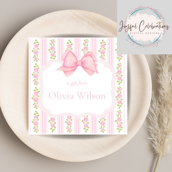 Printable Enclosure Cards, Editable Pink Roses and Pink Bow Enclosure Cards, Pink Peonies, Printable Tag, Gift Calling Card Template