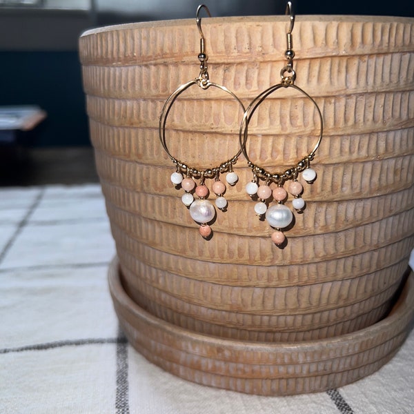 NEW! Handmade Pearl and Sunstone Dangle Earrings