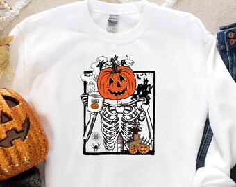 Pumpkin Skeleton Drinking Coffee Sweatshirt, Funny Halloween Shirt, Coffee Lover Shirt, Enjoy Pumpkin Sweatshirt, Skeleton Coffee Lover Tees