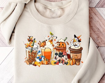 Disney Characters Coffee Sweatshirt, Halloween Shirts, Disney Halloween Coffee Sweatshirt, Disney Sweatshirt, Vintage Fall Season Sweatshirt
