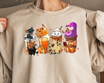 Disney Characters Halloween Sweatshirt, Disney Halloween Coffee Shirt, Fall Coffee Shirt, Coffee Lover Shirt, Pumpkin Spice Latte Drink Cup