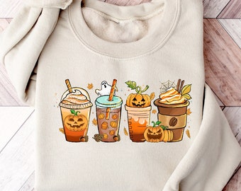 Cute Halloween Coffee Sweatshirt, Halloween Shirts, Coffee Ghost Shirt, Coffee Lover Shirt, Pumpkin Spice Latte Drink Cup, Coffee Lover Gift