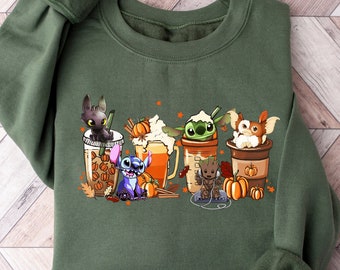 Disney Characters Halloween Sweatshirt, Halloween Coffee Shirt, Disney Halloween Coffee Sweatshirt, Disney Halloween Stitch Coffee Shirt