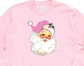 Pink Christmas Santa Sweatshirt, Classic Christmas Santa, Retro Pink Santa Hat Hoodie, Holiday Sweatshirt, Vintage Santa Graphic Sweatshirt