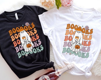 Groovy Halloween Booooks Ghost Hippie Boo Reading Books Sweatshirt, Book Lover Tshirt, Halloween Teacher Shirt, Spooky Teacher Ghost Shirt