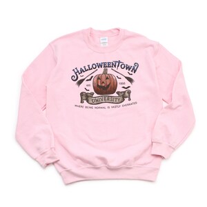 May include: Pink sweatshirt with a graphic print of a pumpkin with a spooky face. The text reads "Halloweentown University est. 1998" and "Where being normal is vastly overrated".