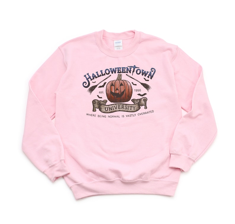 May include: Pink sweatshirt with a graphic print of a pumpkin with a spooky face. The text reads "Halloweentown University est. 1998" and "Where being normal is vastly overrated".