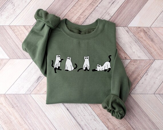 Halloween Black Cat Sweatshirt, Halloween Shirts, Cute Halloween Cat Sweatshirt, Cat Lover Shirt, Ghost Shirt, Cat Tee, Black Cat Sweatshirt