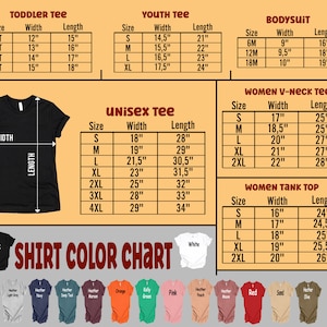 May include: A black t-shirt with size and measurement charts for toddler, youth, unisex, women's V-neck, and women's tank tops. The chart includes width and length in inches. A color chart shows various shirt colors.