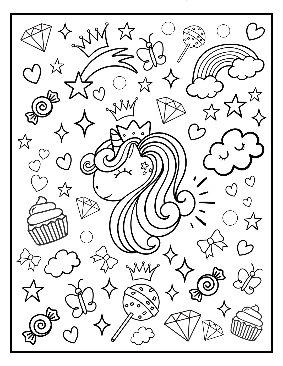 Unicorn Doodling Coloring Page Cute Coloring Book for Kids Etsy