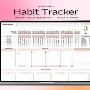 Puede incluir: Una hoja de cálculo de seguimiento de hábitos de Google Sheets en la pantalla de un portátil. La hoja de cálculo está diseñada para realizar un seguimiento de los hábitos diarios, semanales y mensuales. La hoja de cálculo incluye secciones para fechas importantes, objetivos semanales y logros mensuales. La hoja de cálculo también incluye una barra de progreso y un gráfico de planta para realizar un seguimiento del progreso.
