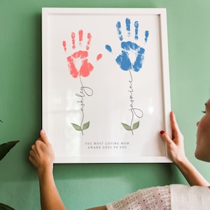 Custom names handprint Mother&#39;s day keepsake grandma floral art flower bouquet gift for her DIY craft toddler children kids activity baby