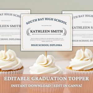 Editable Graduation Diploma Cupcake Toppers, Mini High School College Diploma Decoration, Senior Class of 2024 Personalized Grad Party Favor