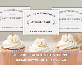 Editable Graduation Diploma Cupcake Toppers, Mini High School College Diploma Decoration, Senior Class of 2024 Personalized Grad Party Favor