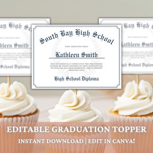 Editable Graduation Party Cupcake Topper, Diploma Cupcake Topper, Personalized Graduation Diploma for College High School Graduation Party