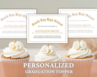 Custom Graduation Diploma Cupcake Toppers, Mini High School College Diploma Decoration, Senior Class of 2024 Personalized Grad Party Favor