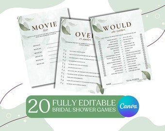 Puede incluir: Un conjunto de tres juegos de despedida de soltera imprimibles con un diseño floral verde y blanco. Los juegos se titulan "Lista de películas", "Más o menos" y "Preferiría".