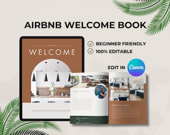 Peut inclure: Une maquette numérique d'un modèle de livre de bienvenue Airbnb sur une tablette. Le modèle présente un design moderne avec un schéma de couleurs brun et blanc. Le texte sur le modèle indique « Bienvenue » et « Votre prochaine aventure vous attend ici ! ». Le modèle comprend également une section pour « Rencontrez l'hôte » et « À propos de la maison ». Le texte « Facile à utiliser pour les débutants » et « 100 % modifiable » est affiché sur le côté droit de l'image. Le texte « Modifier dans Canva » est affiché dans un cercle violet.