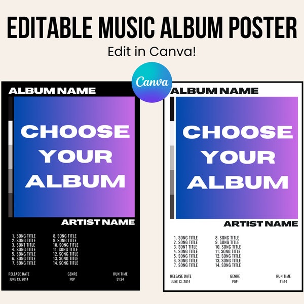 Album Cover Poster Canva Template, Editable Digital Music Poster, Personalized Album Print, Custom Music Album Digital Download
