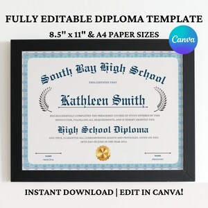 High School Diploma, Home School Diploma, Diploma Template, Printable Certificate With Seal, Diploma Replica Template, Canva Editable