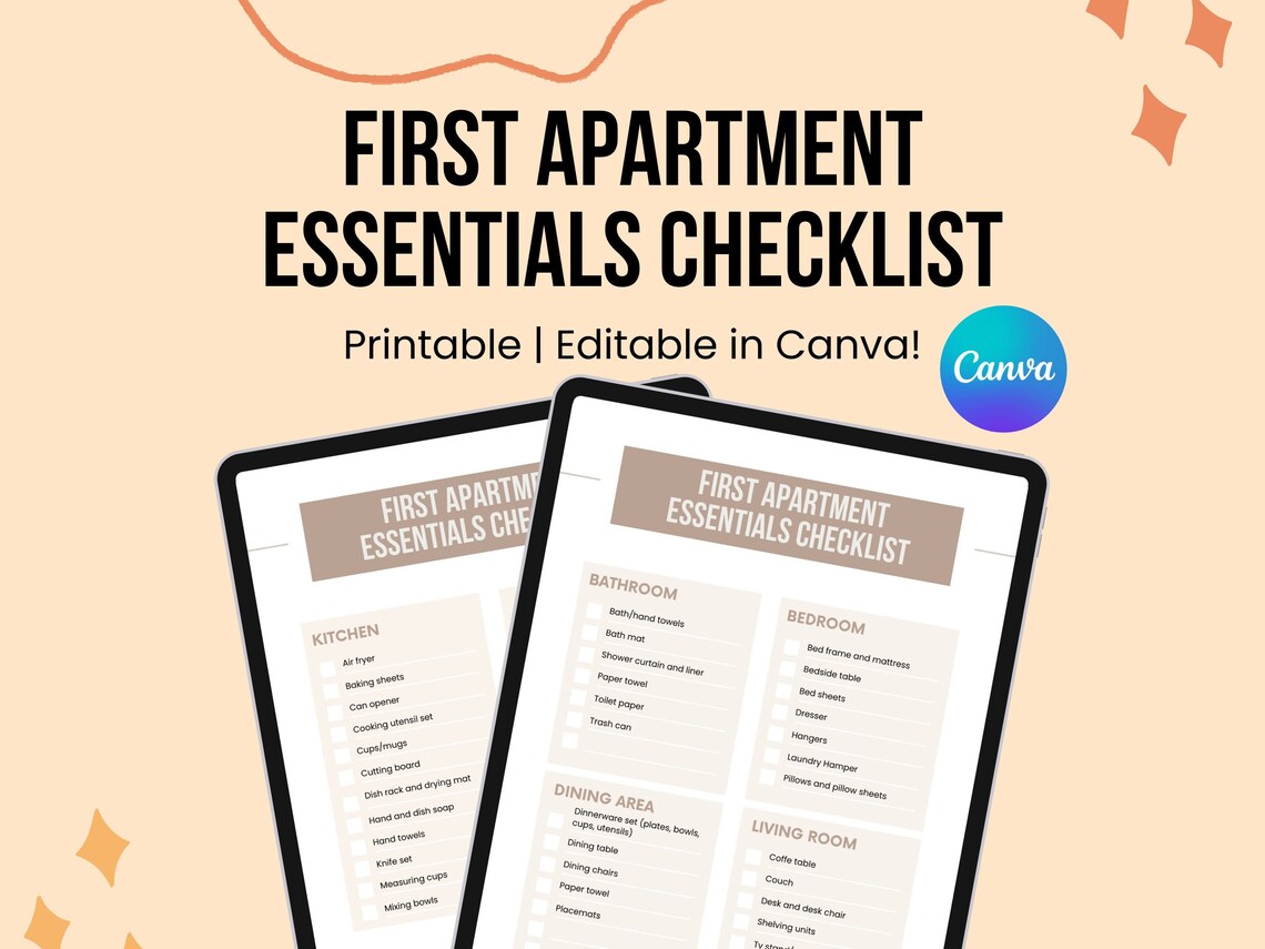 First Apartment Essentials Checklist Printable, Editable in Canva, Canva Template, Instant