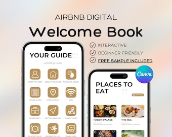 Carnet de bienvenue numérique moderne Airbnb Canva, modèle de guide de bienvenue numérique mobile pour chalet, manuel de maison de plage, location de vacances à court terme