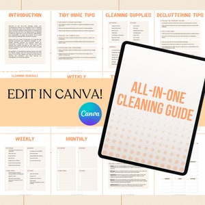Könnte beinhalten: Ein druckbarer Reinigungsleitfaden mit einem Pfirsich- und Weißfarbschema. Der Leitfaden enthält Abschnitte für die Einführung, Tipps für ein aufgeräumtes Zuhause, Reinigungsmittel, Entrümpelungstipps, einen Reinigungsplan, wöchentliche und monatliche Reinigungschecklisten sowie einen Abschnitt zum Entrümpeln. Der Leitfaden trägt den Titel "All-in-One Cleaning Guide" und hat einen Pfirsich-Polka-Dot-Hintergrund. Der Text "In Canva bearbeiten!" wird in einem Pfirsichrechteck angezeigt.