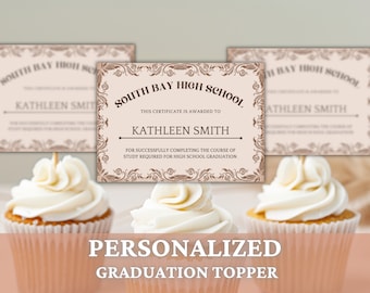 Custom Graduation Diploma Cupcake Toppers, Mini High School College Diploma Decoration, Senior Class of 2024 Personalized Grad Party Favor