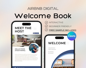 Modern Digital Welcome Book Airbnb Canva, Mobile Digital Welcome Guide Template for Cabin, Beach House Manual, Short Term Vacation Rental