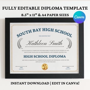 DIY High School Diploma, Home School Diploma, Diploma Template, Printable Certificate With Seal, Diploma Replica Template, Canva Editable