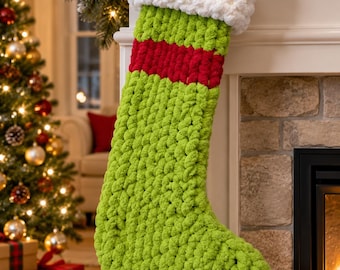Handmade Crochet Christmas Stocking, Oversized Green Red White Chunky Holiday Stocking