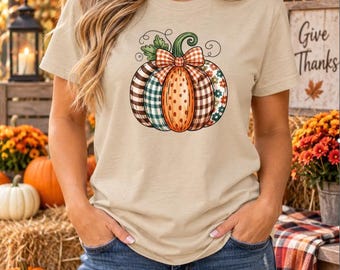 Patchwork Pumpkin Shirt, Fall Pumpkin T-Shirt, Gildan Softstyle Autumn Tee