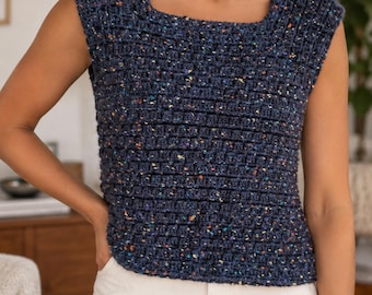 Handmade Navy Crochet Top, Speckled Square Neck Cap Sleeve Shirt, Women's Small