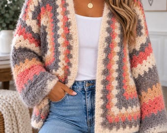 Handmade Crochet Cardigan, Multicolor Granny Square Sweater, Women's Medium