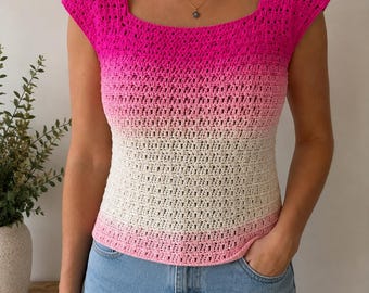 Handmade Pink Ombré Crochet Top, Women's Small, Cap Sleeve Summer Shirt