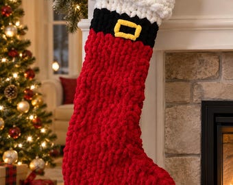 Handmade Crochet Santa Christmas Stocking, Oversized Red Chunky Holiday Stocking