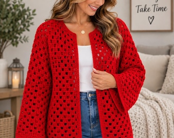 Handmade Red Crochet Cardigan, Oversized Open Front Bell Sleeve Sweater, Women's Medium