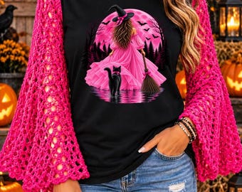 Pink Witch Halloween T-Shirt, Hand-Crocheted Sleeves, Black Cat Design (Upcycled)