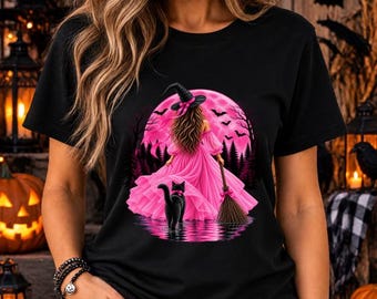 Pink Witch & Black Cat Halloween T-Shirt, Spooky Forest Scene (Black Tee)