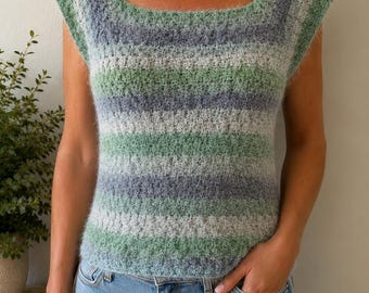 Handmade Fuzzy Crochet Top, Mint Green Gray Striped Square Neck Shirt, Women's Medium