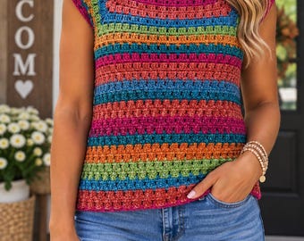 Handmade Colorful Crochet Top, Multicolor Striped Square Neck Cap Sleeve, Women's Medium