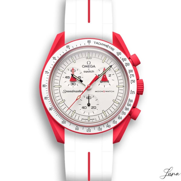 MoonSwatch strap, bracelet luxe 20mm Blanc ligne rouge | Omega x Swatch watch & Speedmaster MoonWatch, au mieux pour Mars