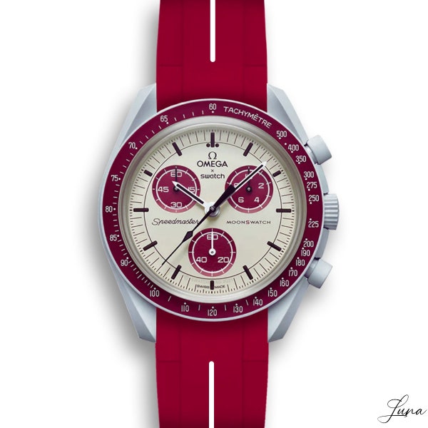 MoonSwatch luxury strap Bracelet Burgundy / Dark red with white stripe | Omega x Swatch watch & Speedmaster MoonWatch, Best for Pluto