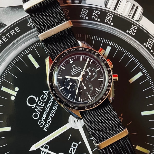 Premium nylon strap for 20mm watch - Black | Omega MoonSwatch, Speedmaster Moonwatch, Rolex, Seiko, Tissot...