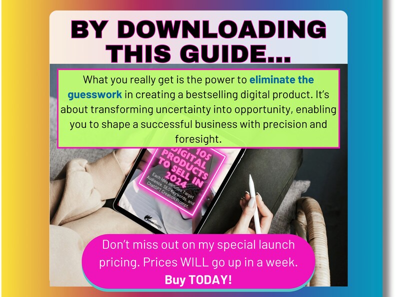 Purchasing 105 Bestselling Digital Products to Sell in 2024 will eliminate the guesswork in creating your own digital products. Become an Etsy Bestseller today and make passive income.